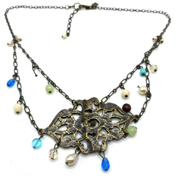 Rachel Roy Boho Art Deco Filigree Style Statement Necklace Bronze Tone Beads - Picture 2 of 5